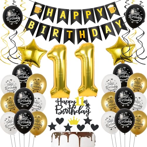 Deko 11. Geburtstag Junge Mädchen - Luftballon Schwarz Gold, Geburtstagsdeko 11 Jahre, Tortendeko für Mädchen Deko 11. Geburtstag Junge Mädchen - Luftballon Schwarz Gold, Geburtstagsdeko 11 Jahre, Tortendeko für Mädchen von Hongyantech