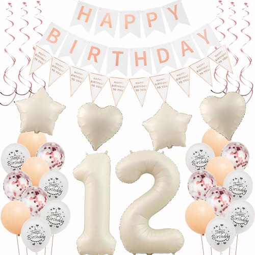 Deko 12. Geburtstag Mädchen Beige Roségold Luftballons 12 Geburtstag Dekoration Mädchen，12 Geburtstag Deko，Geburtstagsdeko 12 jahre Mädchen,Happy 12th Birthday Girlande 12 Geburtstag Party Deko von Hongyantech
