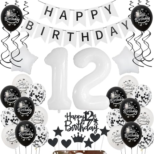 Deko 12.Geburtstag Mädchen Junge Tortendeko 12 Geburtstag Mädchen Deko Geschenk für 12. Geburtstag Mädchen Schwarz weiß Geburtstagsdeko 12 jahre Mädchen luftballon 12 Geburtstag Mädchen dekoration von Hongyantech