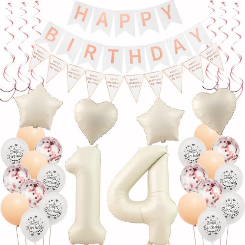 Deko 14. Geburtstag Mädchen - Beige Roségold Luftballons, Dekoration, Happy Birthday Girlande - Party Set Deko 14. Geburtstag Mädchen - Beige Roségold Luftballons, Dekoration, Happy Birthday Girlande - Party Set von Hongyantech