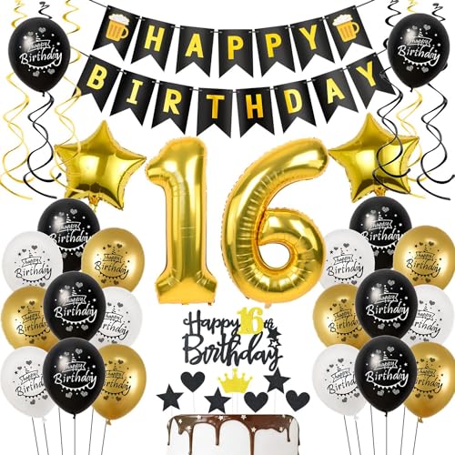 Deko 16. Geburtstag für Junge und Mädchen - Luftballon Schwarz Gold, Tortendeko und Geburtstagsdeko für 16 Jahre Deko 16. Geburtstag für Junge und Mädchen - Luftballon Schwarz Gold, Tortendeko und Geburtstagsdeko für 16 Jahre von Hongyantech