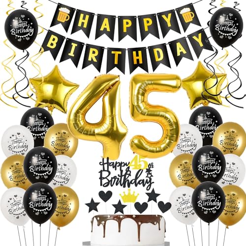 Deko 45 Geburtstag Deko Mann Frauen, Luftballon 45. Geburtstag Schwarz Gold, Geburtstagsdeko 45 jahre Mann Luftballon, Tortendeko 45. Geburtstag Männer Geburtstagsdeko 45 jahre für Frau Mann von Hongyantech
