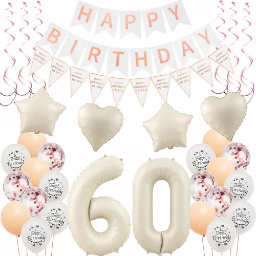 Deko 60. Geburtstag Frauen Beige Roségold Luftballons Dekoration, Girlande, Party Set - Happy 60th Birthday Deko 60. Geburtstag Frauen Beige Roségold Luftballons Dekoration, Girlande, Party Set - Happy 60th Birthday von Hongyantech