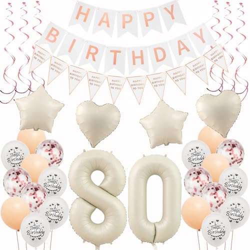 Deko 80. Geburtstag Frauen Beige Roségold Luftballons Dekoration, Girlande, Party Deko Set - Happy 80th Birthday von Hongyantech