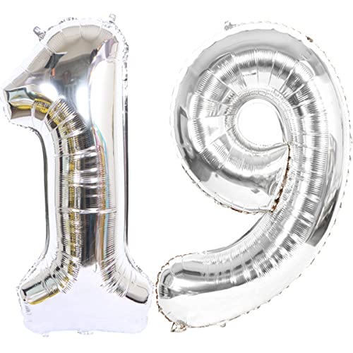 Helium Luftballons 19 Silber Geburtstagsdeko 40" Party Deko Supplies, Folienballon für Mädchen Junge, 19. Geburtstag Ballon Dekoration (19 Stück) von Hongyantech