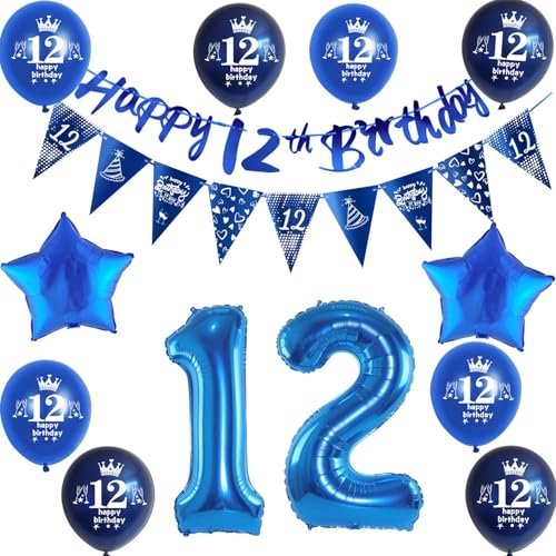 Hongyantech 12. Geburtstag Dekoration Set: Banner, Dreiecksflaggen, Luftballons, Stern Folienballons, Band - Blau, Zahl 12, Party Dekoration für Jungen Hongyantech 12. Geburtstag Dekoration Set: Banner, Dreiecksflaggen, Luftballons, Stern Folienballons, Band - Blau, Zahl 12, Party Dekoration für Jungen von Hongyantech