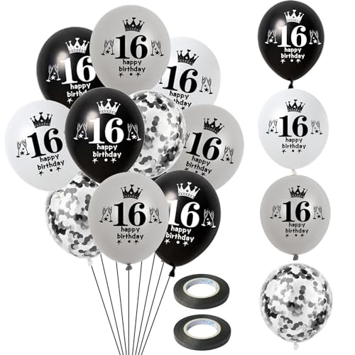 Hongyantech 16. Geburtstag Ballon-Set: 32 Stück Schwarz, Silber, weiß Latexballons (8 Schwarz, 8 grau, 8 weiß Happy 16 Birthday, 8 Konfetti) für Teenager, 16. Geburtstag, Jugend, Unisex-Jugendliche von Hongyantech