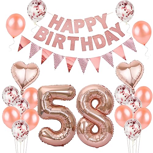 Hongyantech 58. Geburtstag Frauen Dekoration: Rosegold Ballon-Set mit 24 Stück, inkl. Geburtstagsbanner, Zierband, Konfetti und Dekorationsballons für Damen (58. Geburtstag) von Hongyantech