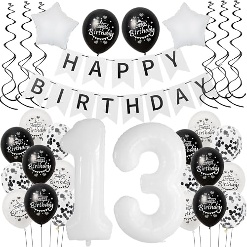 Luftballon 13. Geburtstag Schwarz weiß, Geburtstagsdeko 13 Jahre Junge Mädchen Schwarz Ballon deko 13.Geburtstag Mädchen ,Riesen Folienballon 13 Happy Birthday Tortendeko 13 weiß von Hongyantech