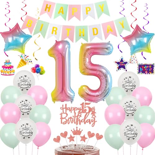 Luftballon 15. Geburtstag Rosa grün, Geburtstagsdeko 15 Jahre Mädchen,Rosa Ballon deko 15.Geburtstag Mädchen, Riesen Folienballon Zahl 15 Happy Birthday Tortendeko 15 Geburtstag Mädchen Rosa grün von Hongyantech
