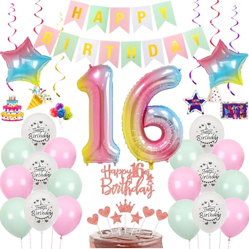 Luftballon 16. Geburtstag Rosa grün, Geburtstagsdeko 16 Jahre Mädchen,Rosa Ballon deko 16.Geburtstag Mädchen, Riesen Folienballon Zahl 16 Happy Birthday Tortendeko 16 Geburtstag Mädchen Rosa grün von Hongyantech