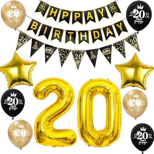 Hongyantech 20. Geburtstag Dekoration Set: Schwarz-Gold Banner, Girlanden, Ballons, Zahl- und Stern-Foilenballons, Band für Geburtstagsparty von Hongyantech