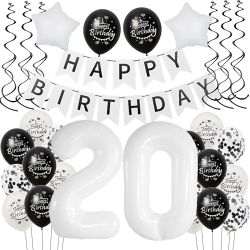 Luftballon 20. Geburtstag Schwarz weiß, Geburtstagsdeko 20 Jahre Mann Frauen Schwarz Ballon deko 20.Geburtstag Frau,Riesen Folienballon 20 Happy Birthday Tortendeko 20 Geburtstag Frauen weiß von Hongyantech