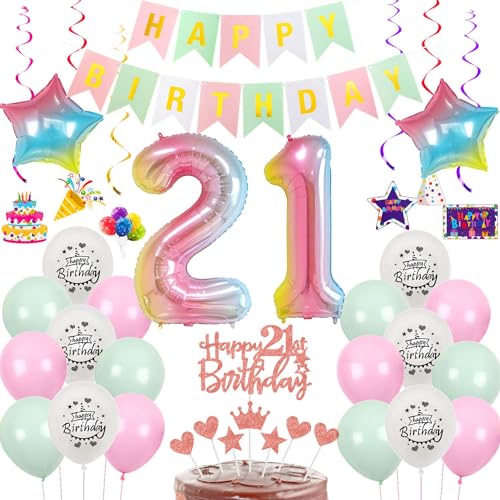 Luftballon 21. Geburtstag Rosa grün, Geburtstagsdeko 21 Jahre Frauen,Rosa Ballon deko 21.Geburtstag Frauen, Riesen Folienballon Zahl 21 Happy Birthday 21 jahre Tortendeko 21 Geburtstag Frau Rosa von Hongyantech