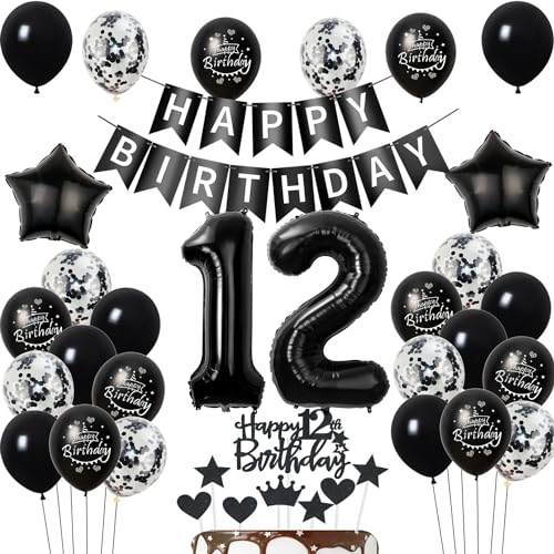 Luftballons 12. Geburtstag Dekoration - Schwarz Tortendeko für Junge und Mädchen - Geburtstagsdeko Set Luftballons 12. Geburtstag Dekoration - Schwarz Tortendeko für Junge und Mädchen - Geburtstagsdeko Set von Hongyantech