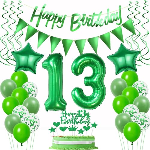 Luftballons 13. Geburtstag Junge Mädchen Grün, Geburtstagsdeko 13 Jahre Junge, Ballon 13. Geburtstag Mädchen deko, Grün Riesen Folienballon Zahl 13, Happy 13th Birthday Deko 13.Geburtstag Junge von Hongyantech
