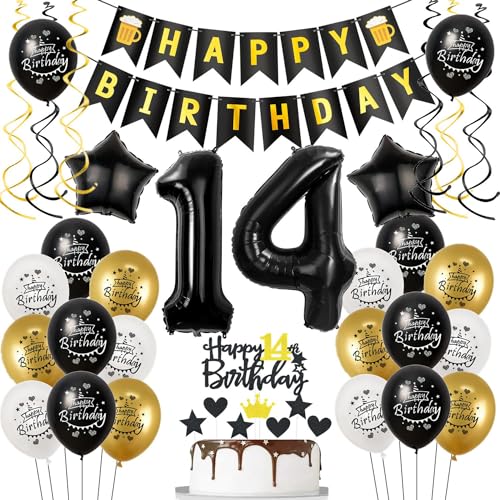 Luftballons 14. Geburtstag Schwarz Golden, Deko für Junge Mädchen, Folienballon Zahl 14, Tortendeko von Hongyantech
