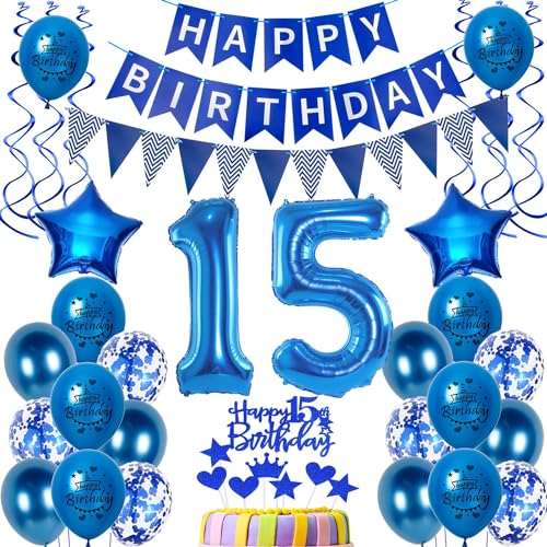 Luftballons 15. Geburtstag Dekoration Junge - Ballon Deko Blau, Tortendeko, Birthday Banner, Party Deko von Hongyantech