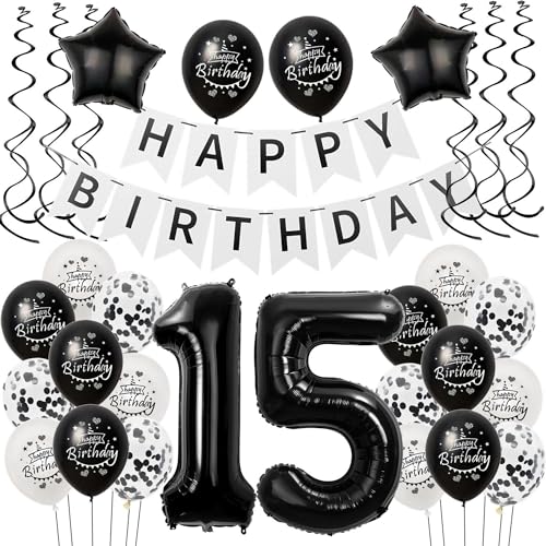 Luftballons 15 Geburtstag Dekoration mädchen Junge Schwarz weiß, deko 15. Geburtstag für mädchen,15 mädchen Geburtstagsdeko 15 jahre Junge Schwarz , Ballon 15. geburtstag mädchen deko weiß von Hongyantech