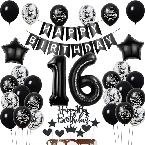 Luftballons 16. Geburtstag Dekoration - Schwarz Tortendeko für Junge und Mädchen - Geburtstagsdeko Set Luftballons 16. Geburtstag Dekoration - Schwarz Tortendeko für Junge und Mädchen - Geburtstagsdeko Set von Hongyantech