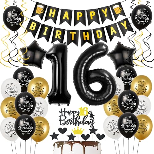 Luftballons 16. Geburtstag Schwarz Golden, Geburtstagsdeko 16 Jahre Junge mädchen, Ballon 16. Geburtstag, Folienballon Zahl 16, deko 16. geburtstag mädchen, Tortendeko 16 Geburtstag Junge Deko von Hongyantech