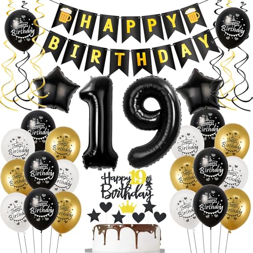 Luftballons 19. Geburtstag Schwarz Golden, Deko für 19 Jahre Junge Mädchen, Folienballon Zahl 19, Tortendeko, Ballon Set Luftballons 19. Geburtstag Schwarz Golden, Deko für 19 Jahre Junge Mädchen, Folienballon Zahl 19, Tortendeko, Ballon Set von Hongyantech