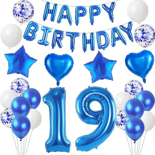 Luftballons 19. Geburtstags deko Junge blau set, Geburtstagsdeko 19 jahre Geburtstag Dekoration Junge blau,Folien ballons 19 Geburtstag deko banner,girlande deko 19. geburtstag Junge deko von Hongyantech
