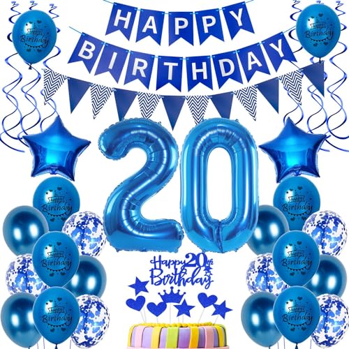 Luftballons 20. Geburtstag Dekoration Mann - Ballon Deko Männer Blau - Tortendeko 20 Jahre - Birthday Banner Party Set von Hongyantech