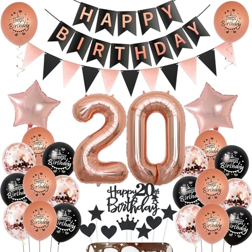 Luftballons 20. Geburtstag Deko für Frauen - Schwarz Rosegold Ballon Set mit Tortendeko - Geburtstagsdekoration 20 Jahre Luftballons 20. Geburtstag Deko für Frauen - Schwarz Rosegold Ballon Set mit Tortendeko - Geburtstagsdekoration 20 Jahre von Hongyantech