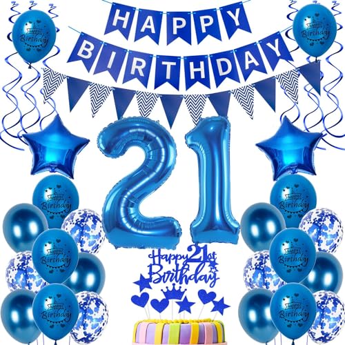 Luftballons 21. Geburtstag Dekoration Mann - Ballon Deko Männer Blau - Tortendeko 21 Jahre - Birthday Banner Party Deko von Hongyantech