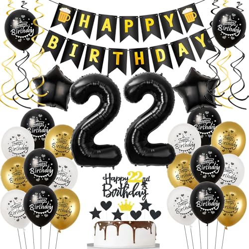 Luftballons 22. Geburtstag Schwarz Golden, Geburtstagsdeko 22 Jahre Mann Frauen, Ballon 22, Folienballon Zahl 22, deko 22. geburtstag Frauen, Schwarz Tortendeko 22 Geburtstag Mann Deko von Hongyantech