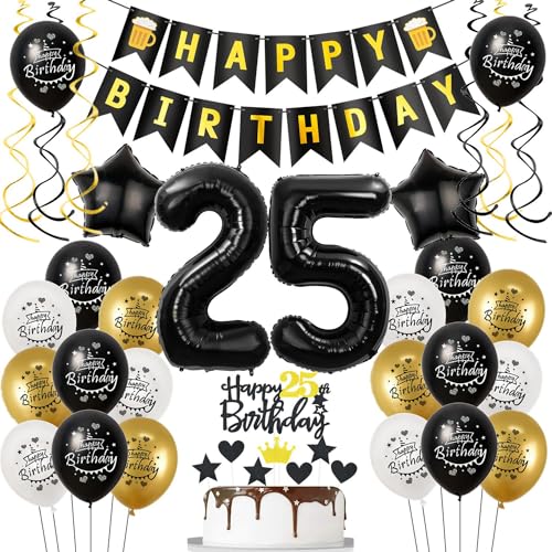 Luftballons 25. Geburtstag Schwarz Golden, Geburtstagsdeko 25 Jahre Mann Frauen, Ballon 25. Geburtstag, Folienballon Zahl 25, deko 25. geburtstag Frauen, Schwarz Tortendeko 25 Geburtstag Mann Deko von Hongyantech