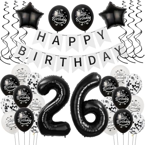 Luftballons 26 Geburtstag Dekoration Frauen Mann Schwarz weiß, deko 26. Geburtstag für Frauen Mann,26 Frau Geburtstagsdeko 26 jahre Männer Schwarz, Ballon 26. geburtstag Frauen deko weiß von Hongyantech