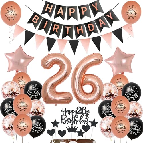 Luftballons 26. Geburtstag Deko für Frauen - Schwarz Rosegold Ballon Set mit Tortendeko - Geburtstagsdekoration 26 Jahre Luftballons 26. Geburtstag Deko für Frauen - Schwarz Rosegold Ballon Set mit Tortendeko - Geburtstagsdekoration 26 Jahre von Hongyantech