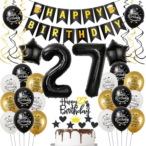 Luftballons 27. Geburtstag Schwarz Golden, Golden Ballons 27 Jahre Mann Frauen, Folienballon Zahl 27, Schwarz Tortendeko 27. Geburtstag Mann Deko von Hongyantech