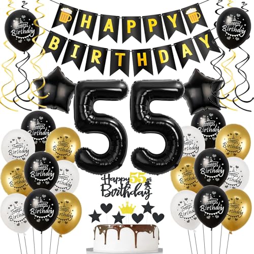 Luftballons 55. Geburtstag Schwarz Golden, Geburtstagsdeko 55 Jahre Mann Frauen, Ballon 55. Geburtstag, Folienballon Zahl 55, deko 55. geburtstag Frauen, Schwarz Tortendeko 55 Geburtstag Mann Deko von Hongyantech