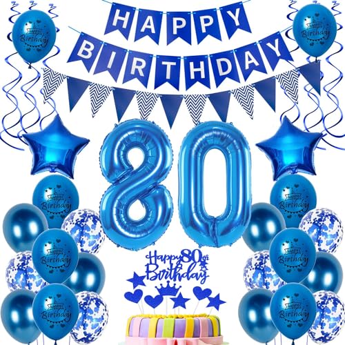 Luftballons 80. Geburtstag Dekoration Ballon Deko Männer Blau Geburtstagsdeko 80 Jahre Tortendeko Birthday Banner Party von Hongyantech