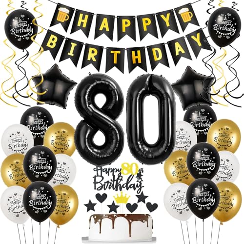 Luftballons 80. Geburtstag Schwarz Golden, Geburtstagsdeko 80 Jahre Mann Frauen, Ballon 80. Geburtstag, Folienballon Zahl 80, deko 80. geburtstag Frauen, Schwarz Tortendeko 80 Mann Deko von Hongyantech