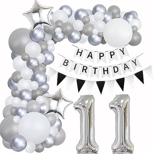 Luftballons Girlande 11 Geburtstag Deko Mädchen Junge Luftballons Silber grau Weiß deko 11. Geburtstag Mädchen Junge 11 Jahre Geburtstagdeko Silber Happy 11 Birthday Girlande Ballons Deko Weiß von Hongyantech