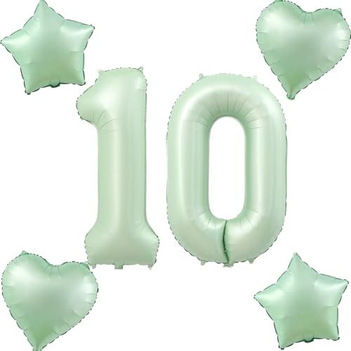 Olive Grün Luftballons Zahl 10+4 pcs herz/stern Folienballon Zahl 10 .Geburtstag mädchen,40" Riesenzahl Ballons 10.geburtstagsdeko Jungen,Zahlenballon 10, Helium Ballons 10 Zahlen Luftballons von Hongyantech