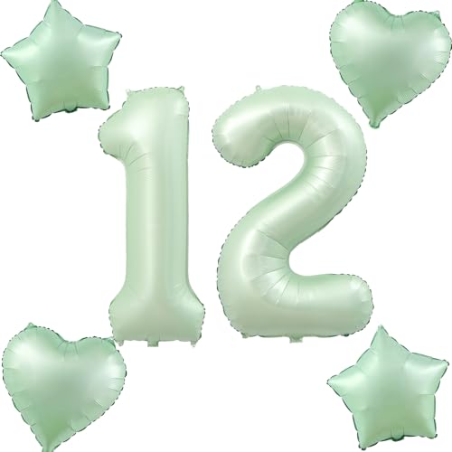 Olive Grün Luftballons Zahl 12+4 pcs herz/stern Folienballon Zahl 12 .Geburtstag mädchen,40" Riesenzahl Ballons 12.geburtstagsdeko Jungen,Zahlenballon 12, Helium Ballons 12 Zahlen Luftballons von Hongyantech