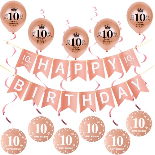 Rosegold Girlande Happy 10th Birthday Banner +Dreiecksflaggen + 10 Geburtstag Hängedeko Spiralen + 5 pcs Happy 10th Birthday luftballons 10.Geburtstag deko für Mädchen,10 Geburtstag Mädchen deko von Hongyantech