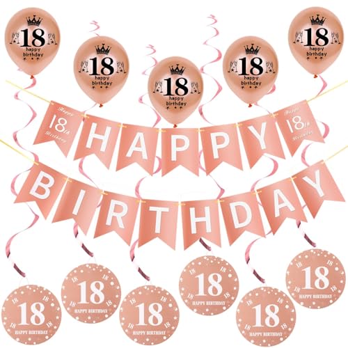 Rosegold Girlande Happy 18th Birthday Banner +Dreiecksflaggen + 18 Geburtstag Hängedeko Spiralen + 5 pcs Happy 18th Birthday luftballons 18.Geburtstag deko für Mädchen,18 Geburtstag Mädchen deko von Hongyantech