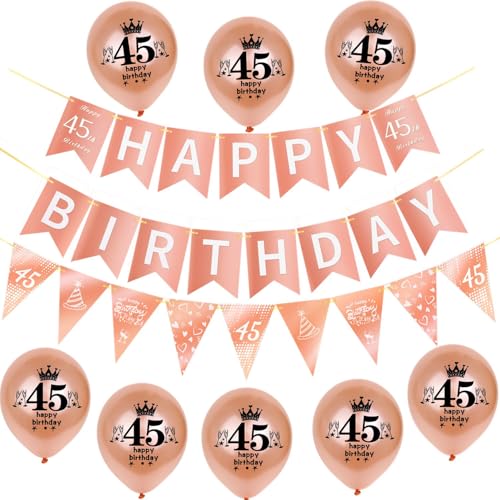 Rosegold Girlande Happy 45th Birthday Banner +45th Geburtstag Triangle Flag Banner + 8 pcs Happy 45th Birthday luftballons 45.Geburtstag deko für Frau Mädchen,45 Frauen party dekoration von Hongyantech