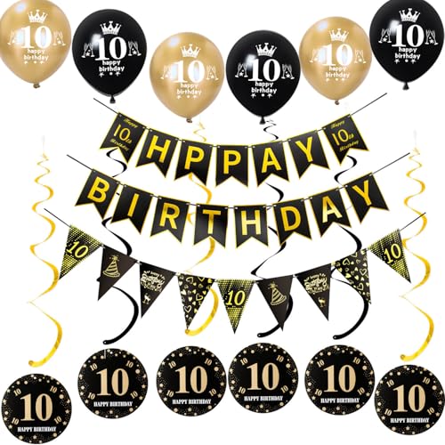 Schwarz gold Girlande Happy 10th Birthday+ Dreiecksflaggen + 10 Geburtstag Hängedeko ,luftballons 10 deko für junge mädchen,deko 10. junge geburtstagsdeko 10 jahre Mädchen von Hongyantech