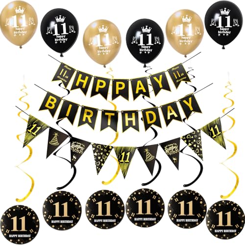 Schwarz gold Girlande Happy 11th Birthday+ Dreiecksflaggen + 11 Geburtstag Hängedeko ,luftballons 11 Geburtstag deko für junge mädchen,deko 11. Geburtstag junge geburtstagsdeko 11 jahre Mädchen von Hongyantech