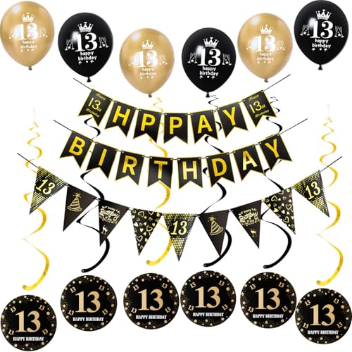 Schwarz gold Girlande Happy 13th Birthday+ Dreiecksflaggen + 13 Geburtstag Hängedeko,luftballons 13 Geburtstag deko für junge mädchen,deko 13. Geburtstag junge geburtstagsdeko 13 jahre Mädchen von Hongyantech