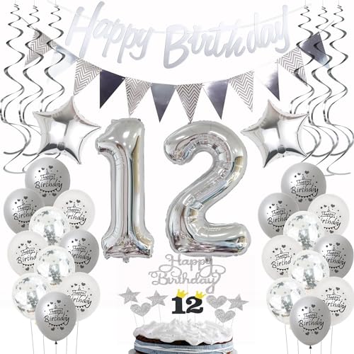 Silber Geburtstagsdeko 12 Jahre Mädchen Junge,ballon 12 Geburtstag Mädchen Deko, Luftballons 12. Geburtstag Deko Mädchen silber,Party Deko 12. Geburtstag Junge Tortendeko 12 Geburtstag Mädchen von Hongyantech