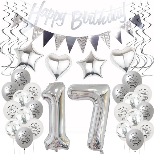 Silber Geburtstagsdeko 17 Jahre Mädchen Jungen,ballon 17 Geburtstag Mädchen Deko, Luftballons 17. Geburtstag Dekoration Mädchen silber ,Party Deko 17. Geburtstag Junge 17 Jahre Geburtstagsdeko von Hongyantech