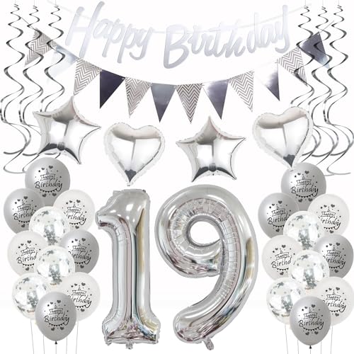 Silber Geburtstagsdeko 19 Jahre Mädchen Jungen,ballon 19 Geburtstag Mädchen Deko, Luftballons 19. Geburtstag Dekoration Mädchen silber,Party Deko 19. Geburtstag Junge 19 Jahre Geburtstagsdeko von Hongyantech
